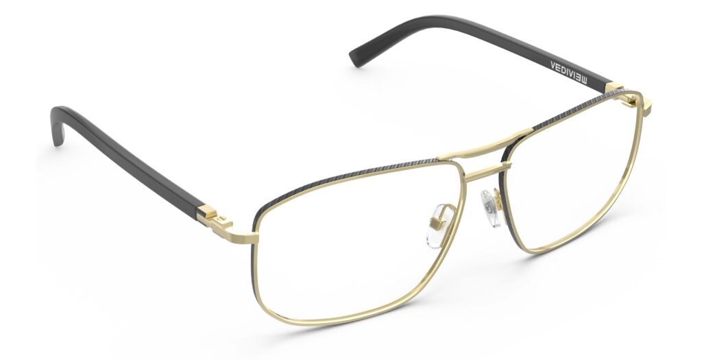 Angled view of Wharton gold aviator eyeglasses from Vediview