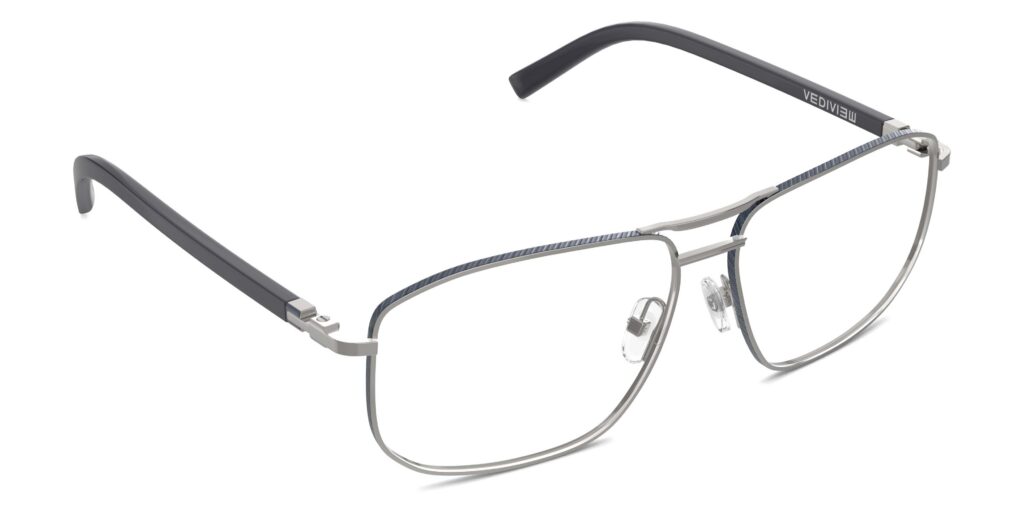 Angled view of Wharton silver-dark blue aviator eyeglasses from Vediview