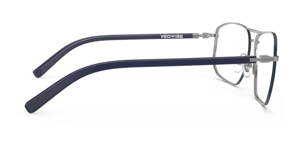 Side view of Wharton silver-dark blue aviator eyeglasses from Vediview