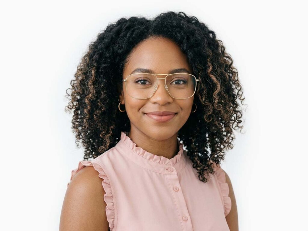 Woman model wearing Wharton gold-black metal eyeglasses from Vediview