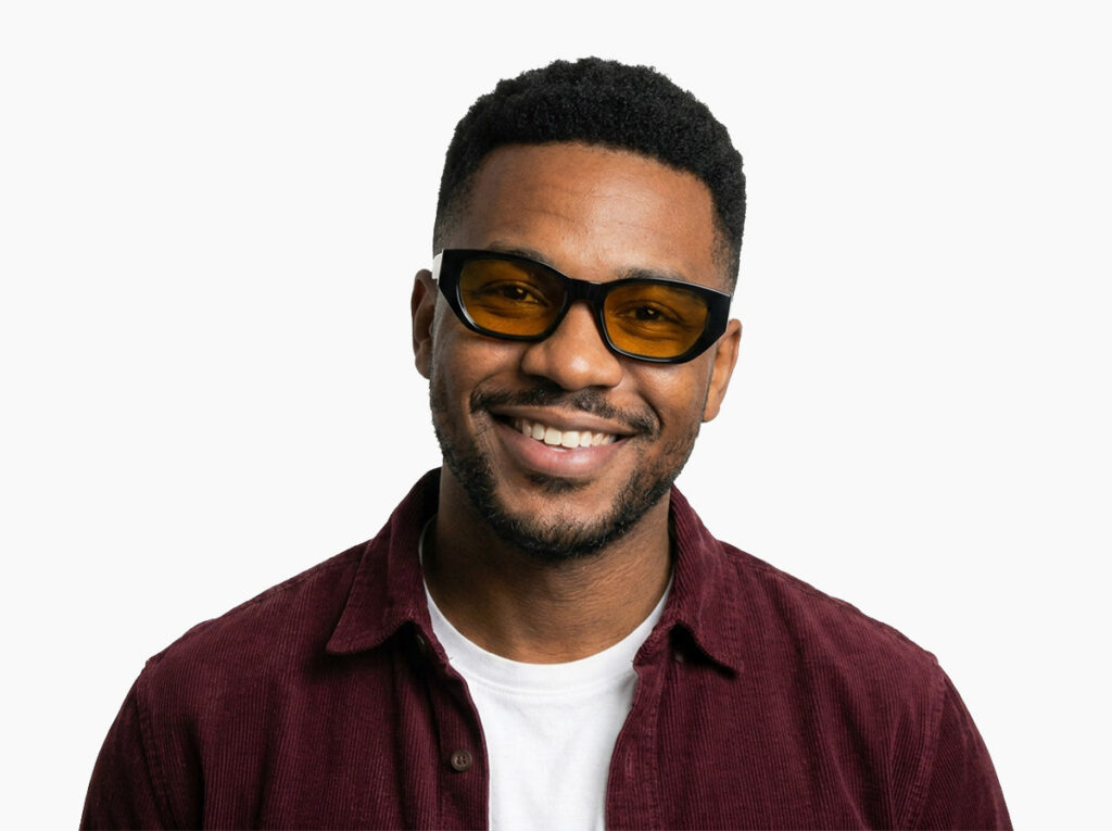 Man model wearing Achebe black acetate sunglasses from Vediview