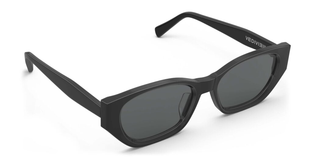 Angled view of Achebe black geometric sunglasses with grey polarized lenses from Vediview