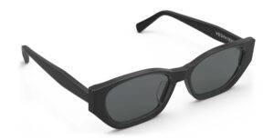 Angled view of Achebe black geometric sunglasses with grey polarized lenses from Vediview
