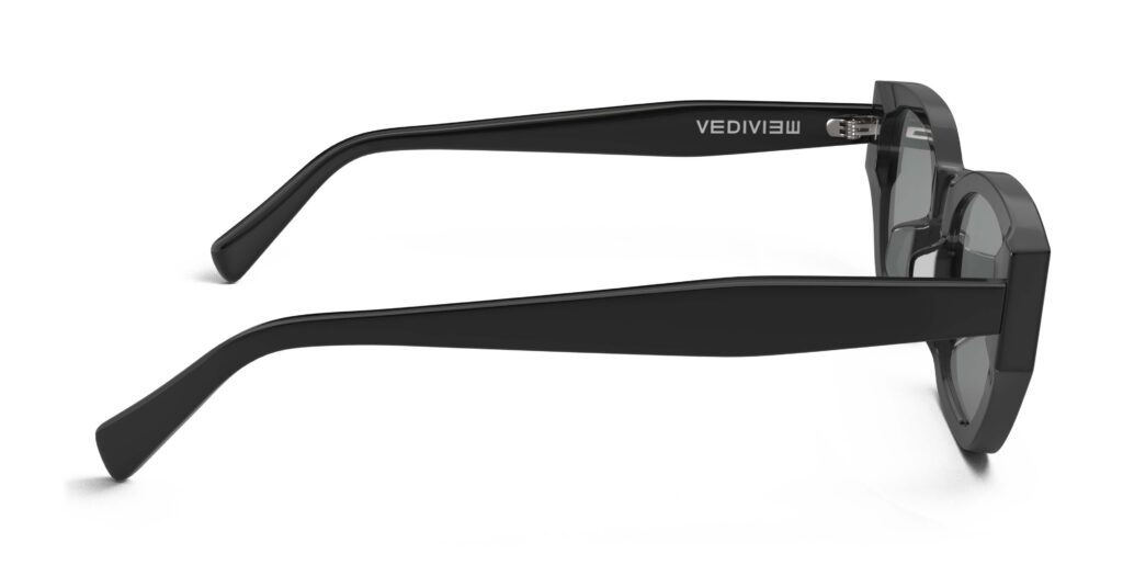 Side view of Achebe black geometric sunglasses with grey polarized lenses from Vediview