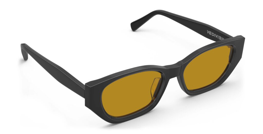 Angled view of Achebe black geometric sunglasses with orange polarized lenses from Vediview