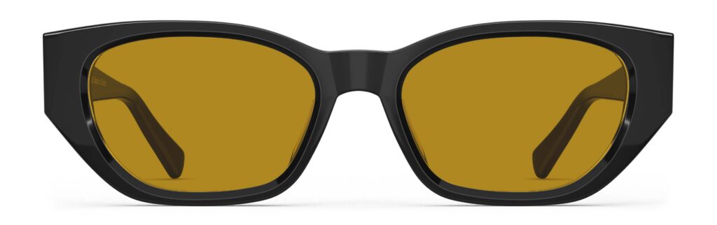 Front view of Achebe black geometric sunglasses with orange polarized lenses from Vediview