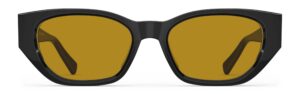 Front view of Achebe black geometric sunglasses with orange polarized lenses from Vediview