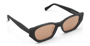 Angled view of Achebe black geometric sunglasses with pink polarized lenses from Vediview