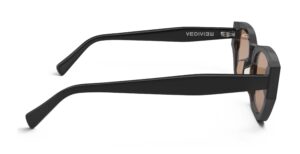 Side view of Achebe black geometric sunglasses with pink polarized lenses from Vediview