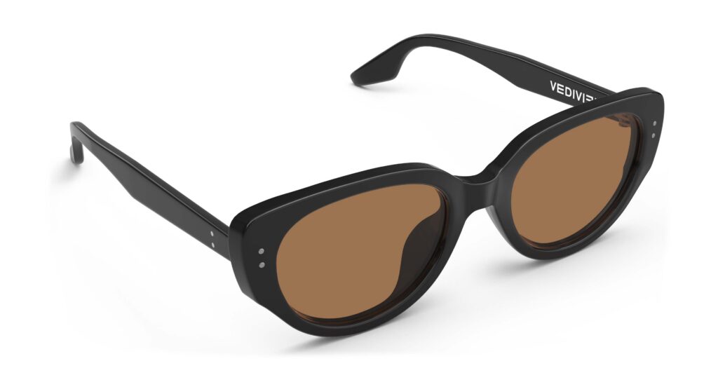 Angled view of Brancusi black cat-eye sunglasses with brown polarized lenses from Vediview
