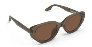 Angled view of Brancusi green cat-eye sunglasses with brown polarized lenses from Vediview