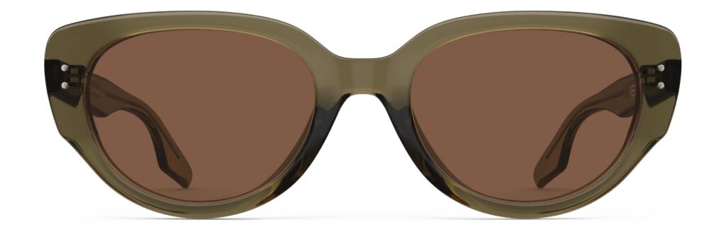 Front view of Brancusi green cat-eye sunglasses with brown polarized lenses from Vediview