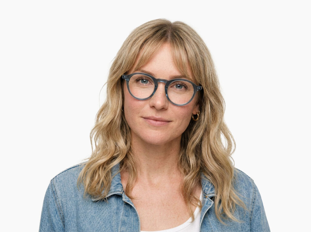 Woman model wearing Breuer blue acetate eyeglasses from Vediview