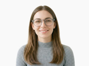 Woman model wearing Breuer grey acetate eyeglasses from Vediview