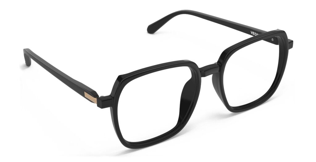 Angled view of Calder black square eyeglasses from Vediview