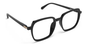 Angled view of Calder black square eyeglasses from Vediview