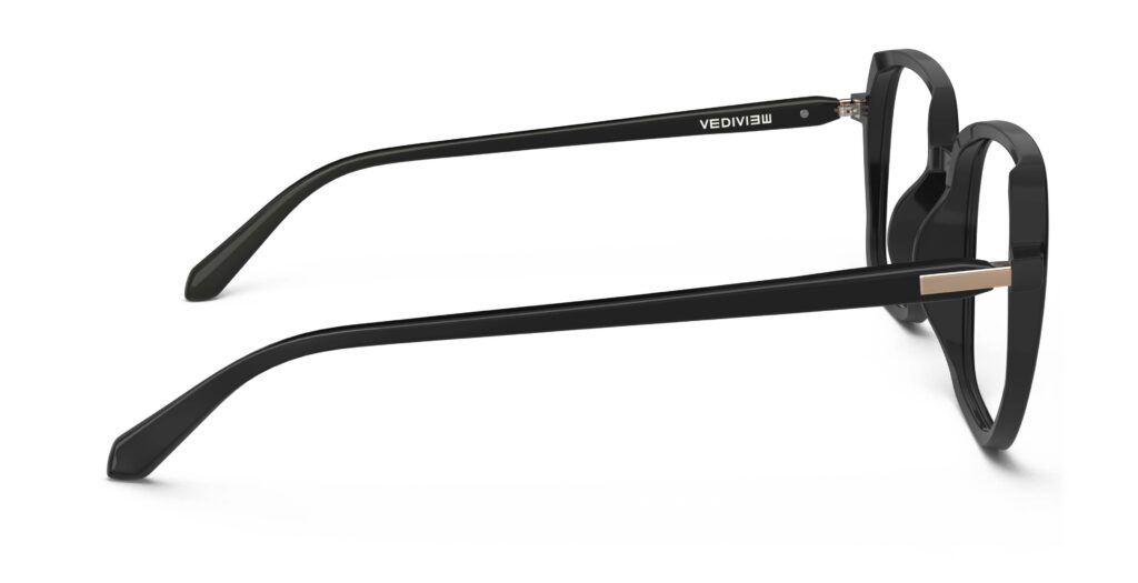 Side view of Calder black square eyeglasses from Vediview