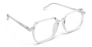 Angled view of Calder clear square eyeglasses from Vediview