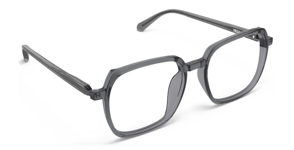 Angled view of Calder dark grey square eyeglasses from Vediview