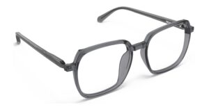 Angled view of Calder dark grey square eyeglasses from Vediview