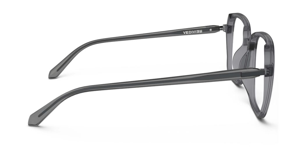 Side view of Calder dark grey square eyeglasses from Vediview