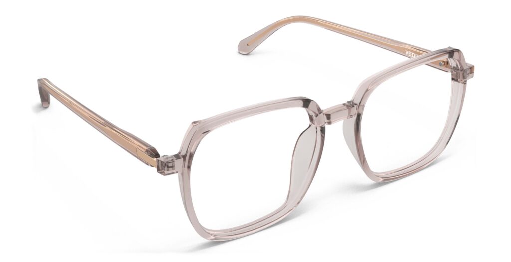 Angled view of Calder pink square eyeglasses from Vediview