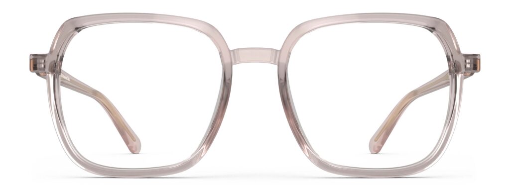 Front view of Calder pink square eyeglasses from Vediview