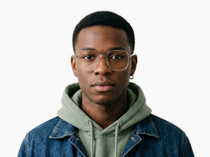 Man model wearing Calder pink TR90 eyeglasses from Vediview