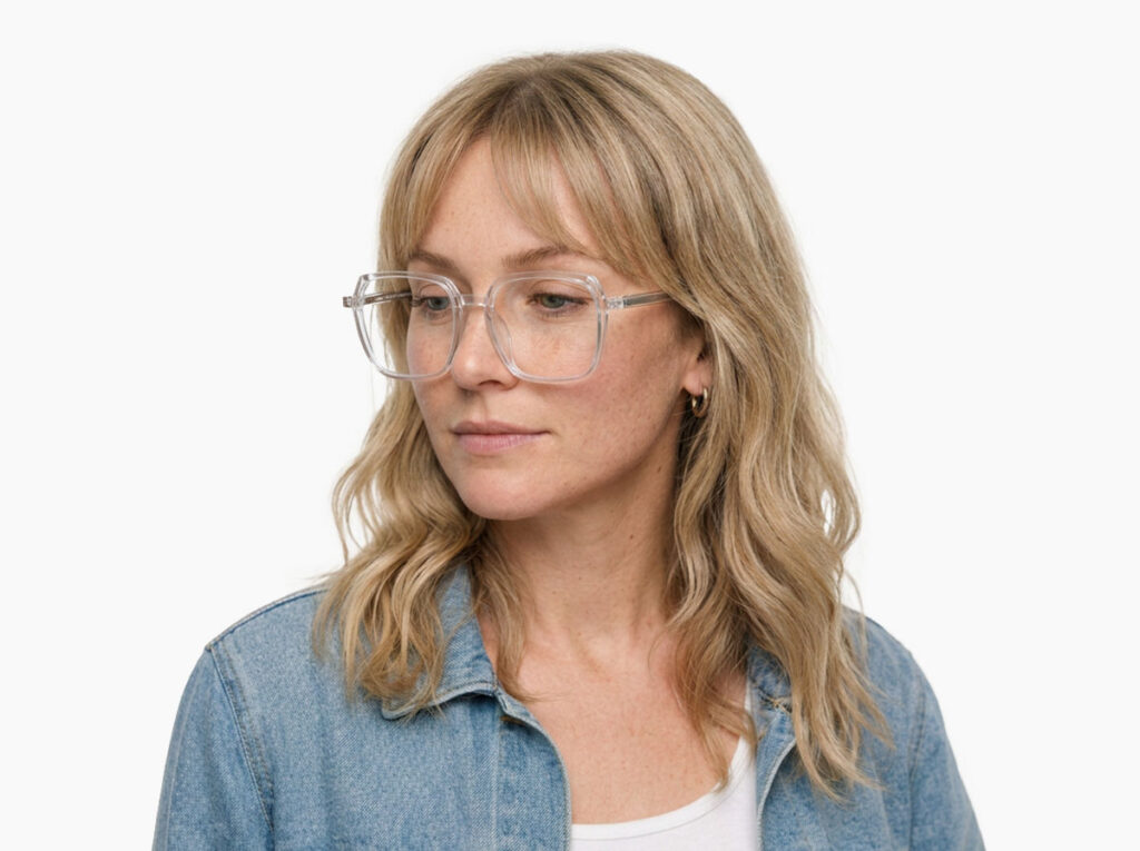 Woman model wearing Calder clear TR90 eyeglasses from Vediview