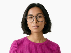 Woman model wearing Calder dark grey TR90 eyeglasses from Vediview