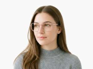 Woman model wearing Calder pink TR90 eyeglasses from Vediview