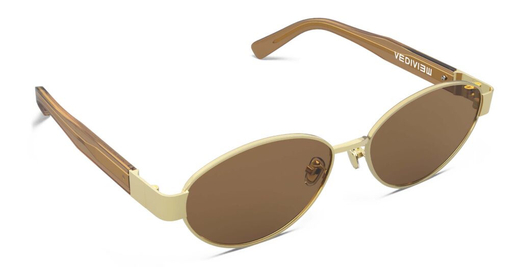 Angled view of Klimt gold oval sunglasses with brown polarized lenses from Vediview