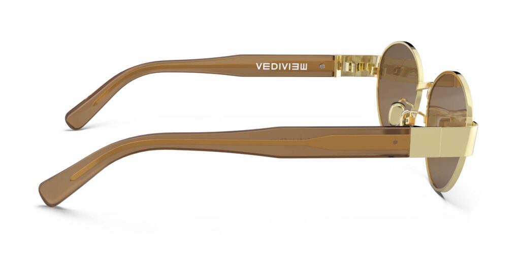 Side view of Klimt gold oval sunglasses with brown polarized lenses from Vediview