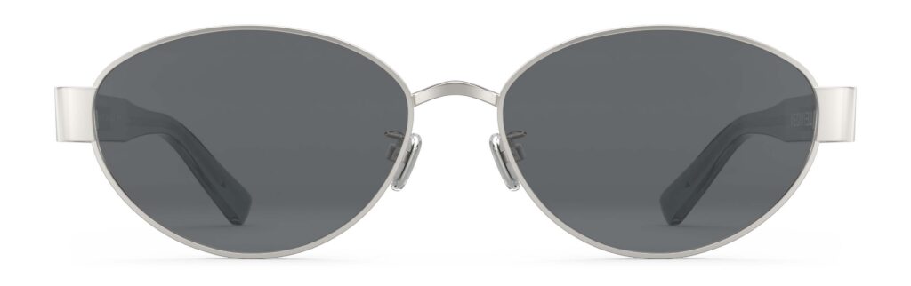Front view of Klimt silver oval sunglasses with grey polarized lenses from Vediview