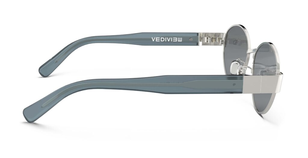 Side view of Klimt silver oval sunglasses with grey polarized lenses from Vediview