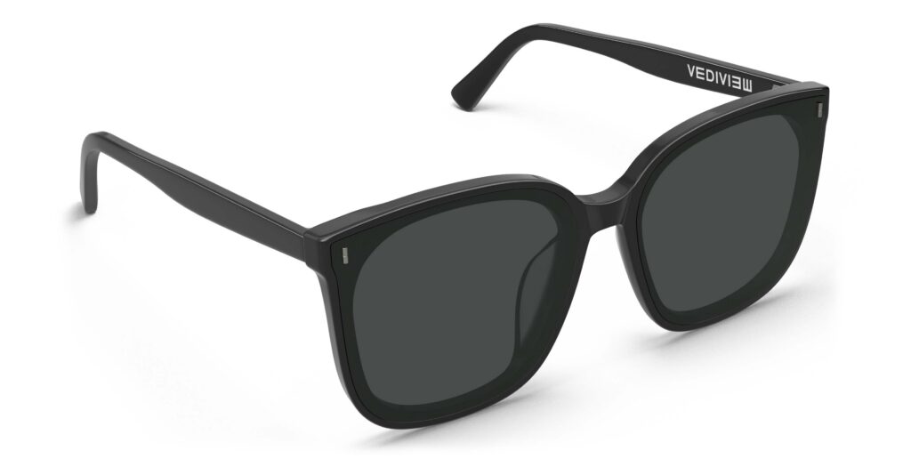 Angled view of Neutra black square sunglasses with grey lenses from Vediview