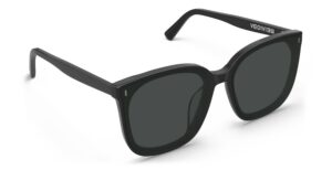 Angled view of Neutra black square sunglasses with grey lenses from Vediview