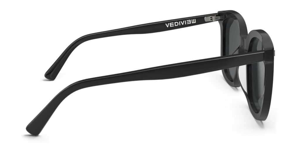 Side view of Neutra black square sunglasses with grey lenses from Vediview