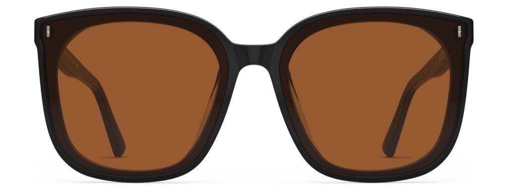 Front view of Neutra black square sunglasses with orange lenses from Vediview