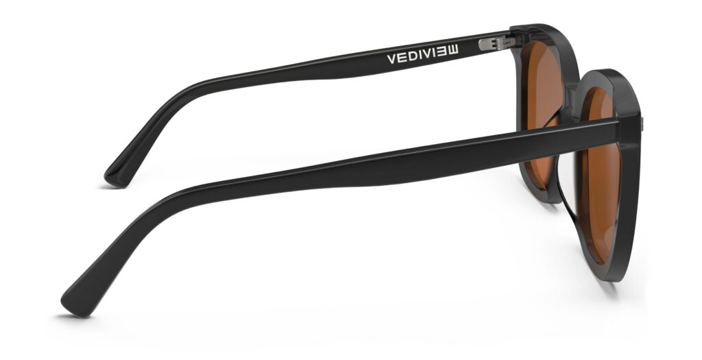 Side view of Neutra black square sunglasses with orange lenses from Vediview