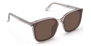 Angled view of Neutra pink square sunglasses with brown lenses from Vediview