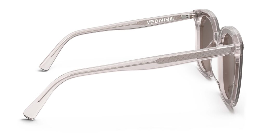 Side view of Neutra pink square sunglasses with brown lenses from Vediview