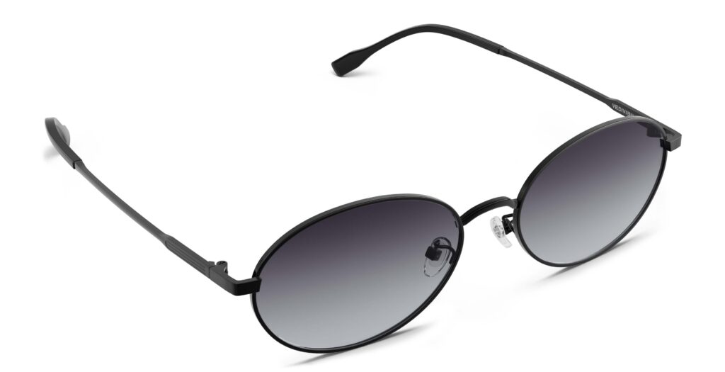 Angled view of Alva black oval sunglasses with purple gradient polarized lenses from Vediview