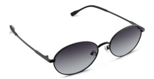 Angled view of Alva black oval sunglasses with purple gradient polarized lenses from Vediview