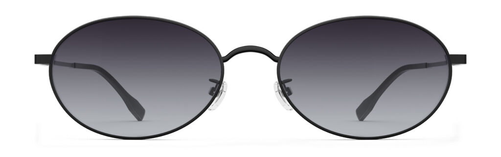 Front view of Alva black oval sunglasses with purple gradient polarized lenses from Vediview