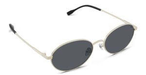 Angled view of Alva gold oval sunglasses with grey polarized lenses from Vediview