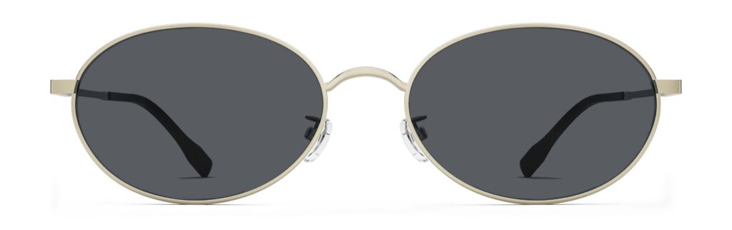 Front view of Alva gold oval sunglasses with grey polarized lenses from Vediview
