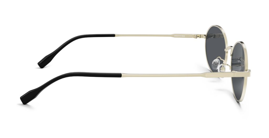 Side view of Alva gold oval sunglasses with grey polarized lenses from Vediview