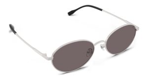 Angled view of Alva silver oval sunglasses with brown polarized lenses from Vediview