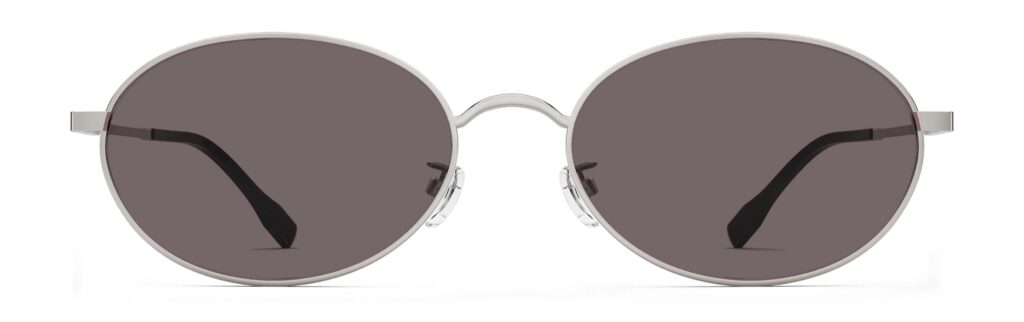 Front view of Alva silver oval sunglasses with brown polarized lenses from Vediview
